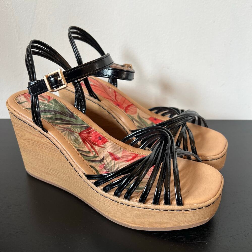 B.O.C. Strappy Platform Wedge Heel Sandals Black Patent Leather Tan Wood 9M